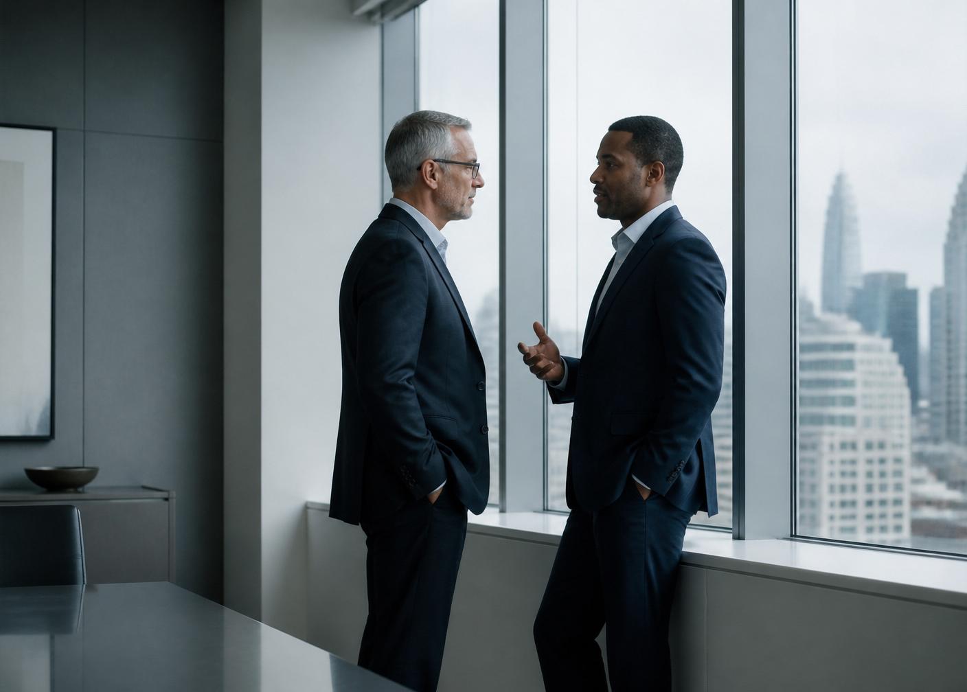 Dois executivos discutindo indicadores de negócio em um escritório corporativo