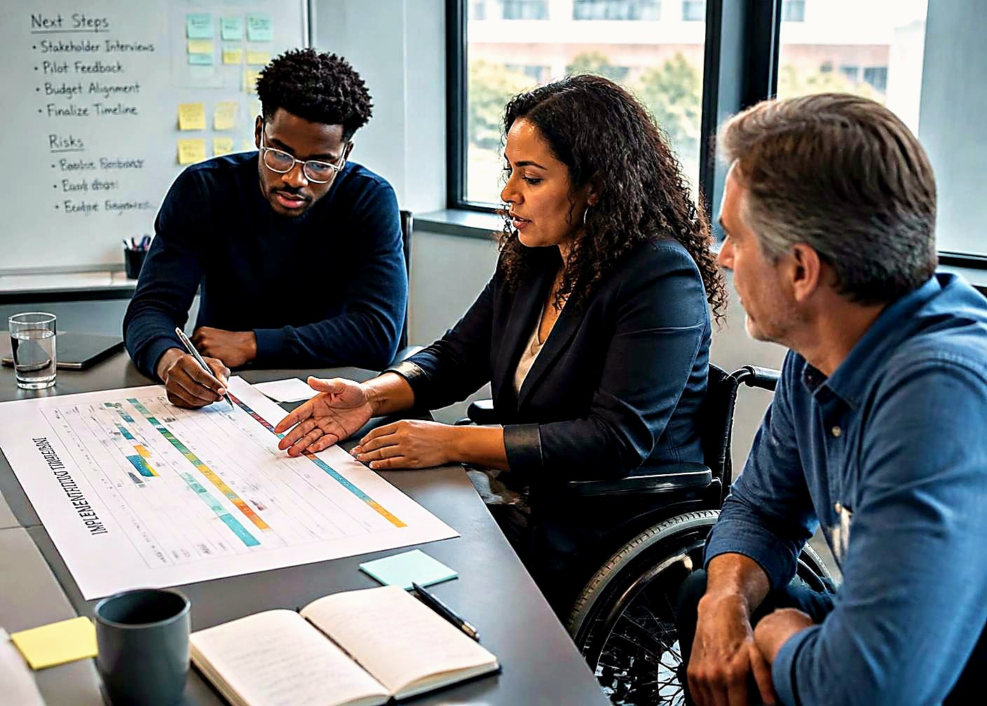 Equipe multidisciplinar revisando o cronograma de implementação das iniciativas em reunião